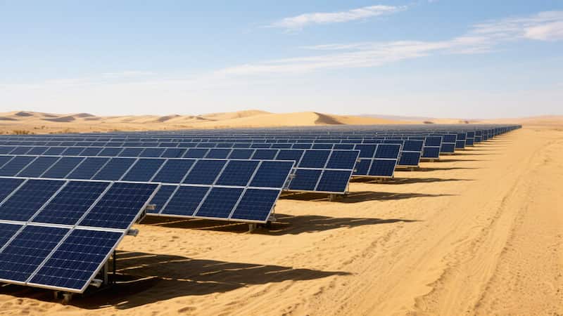 Solar panels installed in a desert environment using hot-dip galvanized hex bolts for corrosion-resistant mounting.